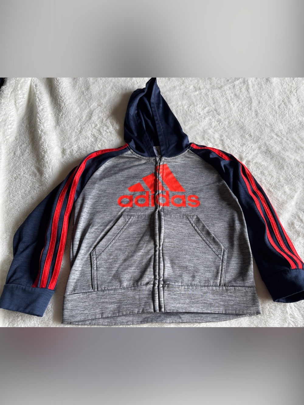 adidas Kids Navy & Gray Hooded Jacket with Red Logo